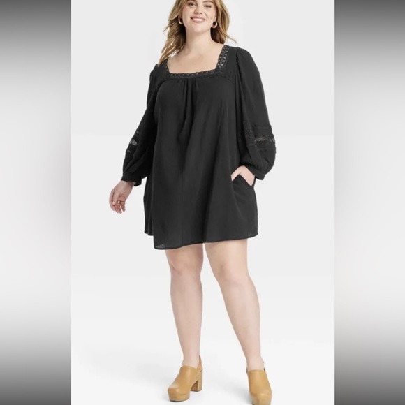 Universal Thread Women's Black midi Balloon Sleeve lace trim Tiered Dress size L - Picture 1 of 8